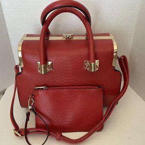 Red Purse Square Style Wristlet Extended Strap Zipper Pockets Inside Heart